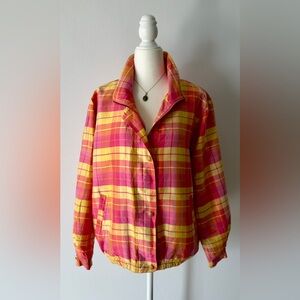 Vintage Oleg Cassini Pink and Yellow Plaid Bomber Jacket